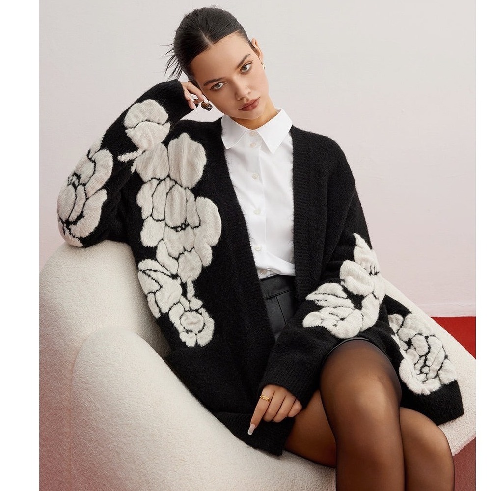Commense Wool-Blend Knit-Floral Cardigan | Medium